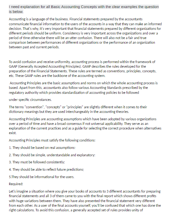 I need explanation for all Basic Accounting Concepts with the clear