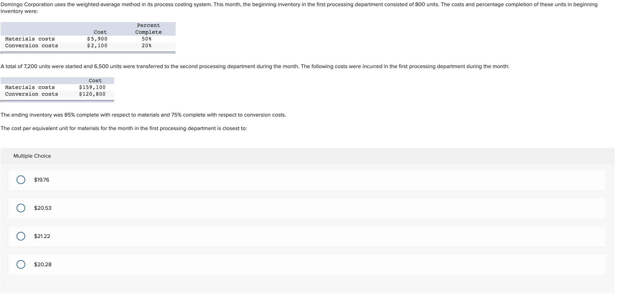  Domingo Corporation uses the weighted average method in its process costing