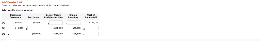 Brief Exercise 5-01 Presented below are the components in determining cost