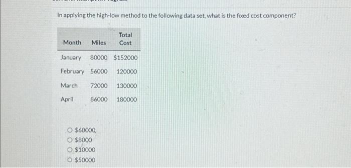  In applying the high-low method to the following data set, what