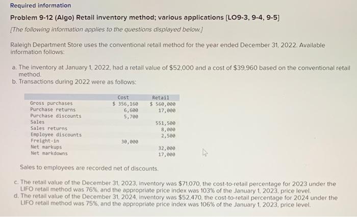 Thank you for your help in advance! Required information Problem 912 (Algo)