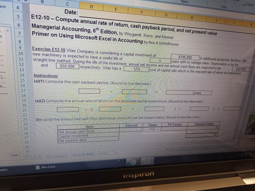  home work ACC 217 Clear ave Cells Date: G E12-10-Compute annual