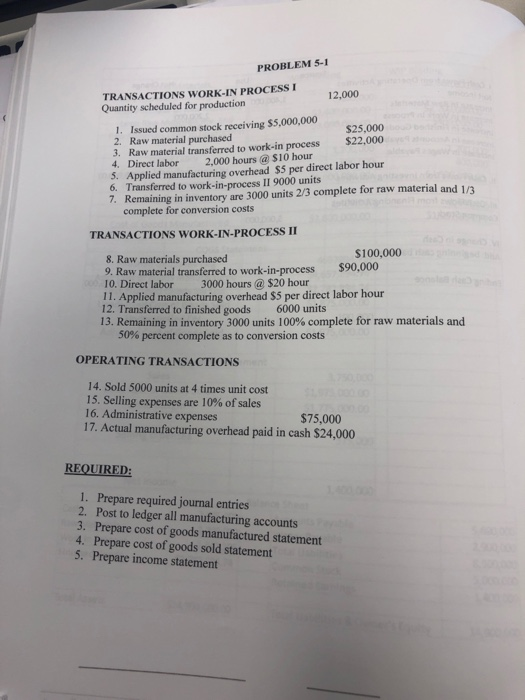  PROBLEM 5-1 TRANSACTIONS WORK-IN PROCESS I Quantity scheduled for production 1.