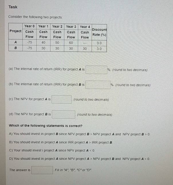 Task Consider the tollowing two projects Year 0 Year 1 Year