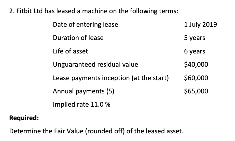  2. Fitbit Ltd has leased a machine on the following terms: