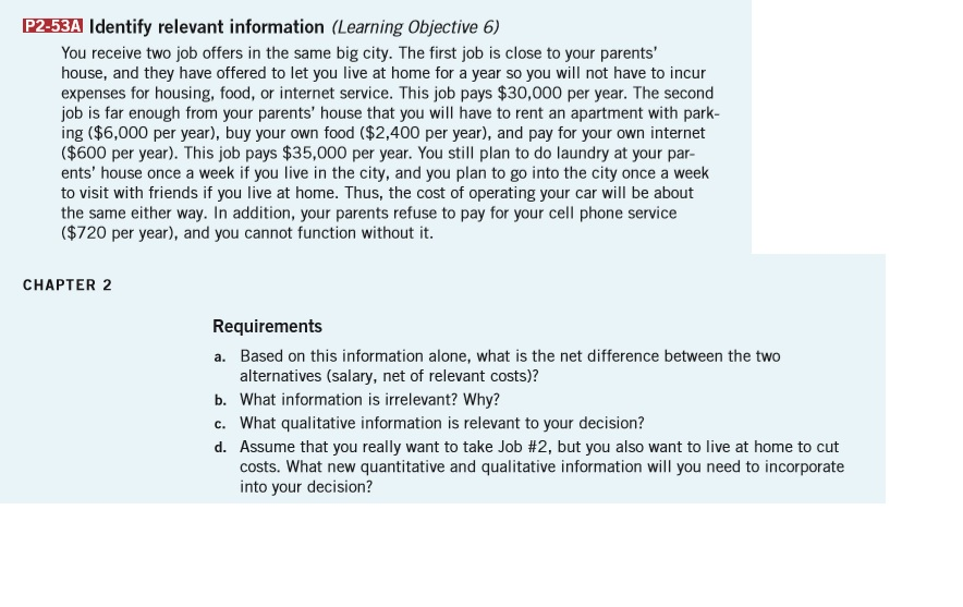  P2-53A Identify relevant information (Learning Objective 6) You receive two job