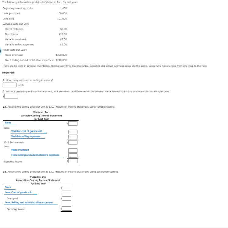 Income Statements, Variable and Absorption Costing. Please show all work! Thank you
