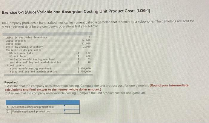  Exercise 6-1 (Algo) Variable and Absorption Costing Unit Product Costs [LO6-1]
