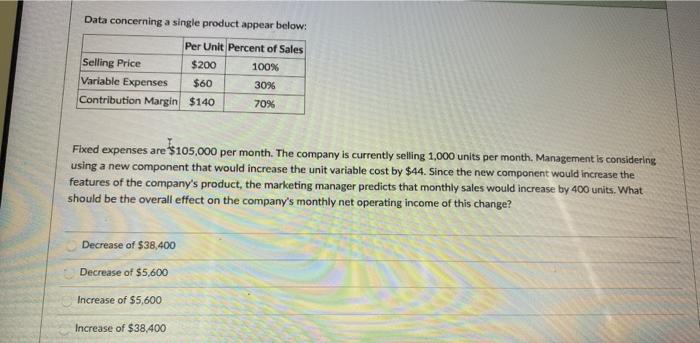  Data concerning a single product appear below: Per Unit Percent of