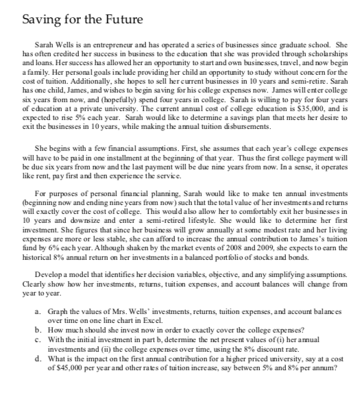  Saving for the Future Sarah Wells is an entrepreneur and has