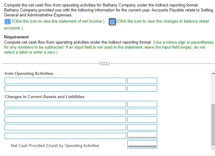 46 Compute the net cash flow from operating activities for Bethany Company