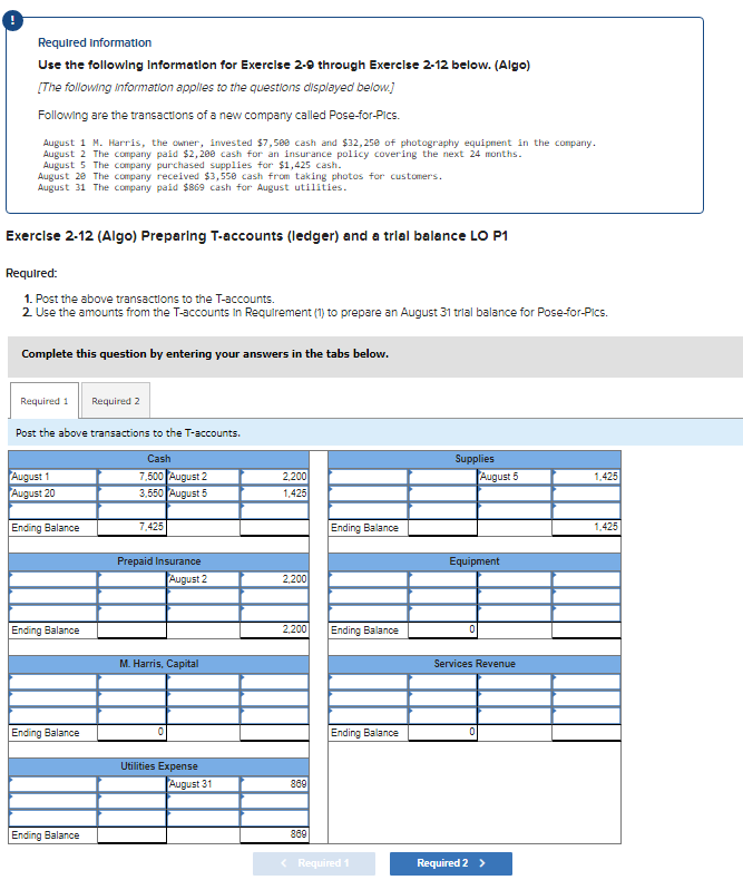 Use the following information for Exercise 2-9 through Exercise 2-12 below. (Algo)