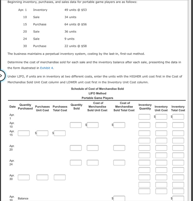  Question 1 Beginning inventory, purchases, and sales data for portable game