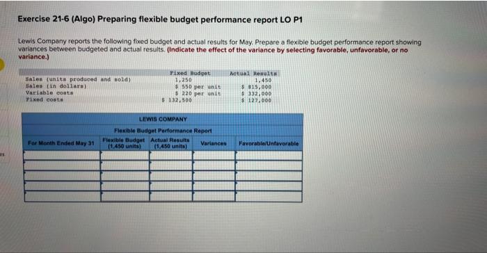  Exercise 21-6 (Algo) Preparing flexible budget performance report LO P1 Lewis
