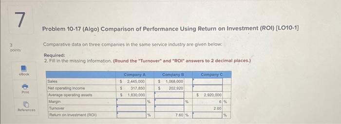 10-15 (Algo) Return on Investment (ROI) and Residual Income [LO10-1, LO10-2] Financial