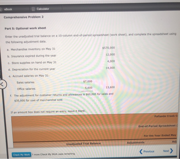  eBook Calculator Comprehensive Problem 2 Part 5: Optional work sheet Enter