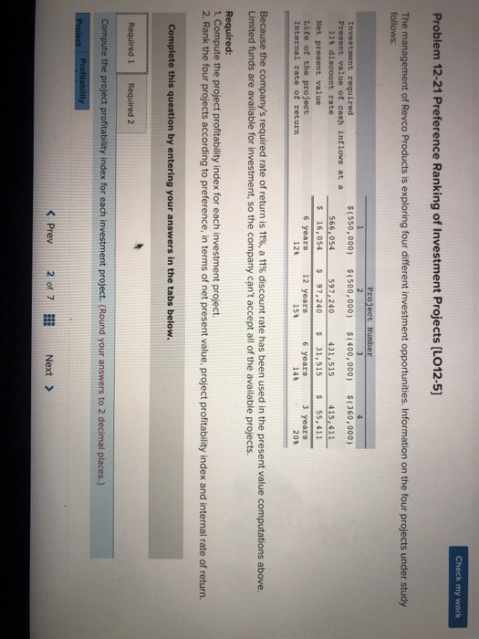  answer the required 1 through 2 Check my work Problem 12-21