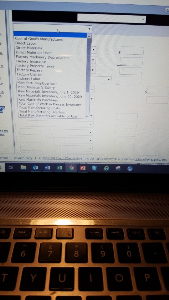 Inventory 6/30/20 Finished Goods Inventory 7/1/19 Finished Goods Inventory 6/30/20 Work in