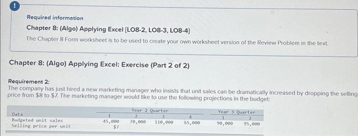  part A please Required information Chapter 8: (Algo) Applying Excel [LO8-2,