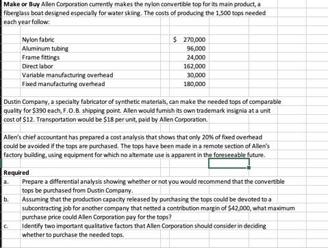  please provide answer in table format Make or Buy Allen Corporation