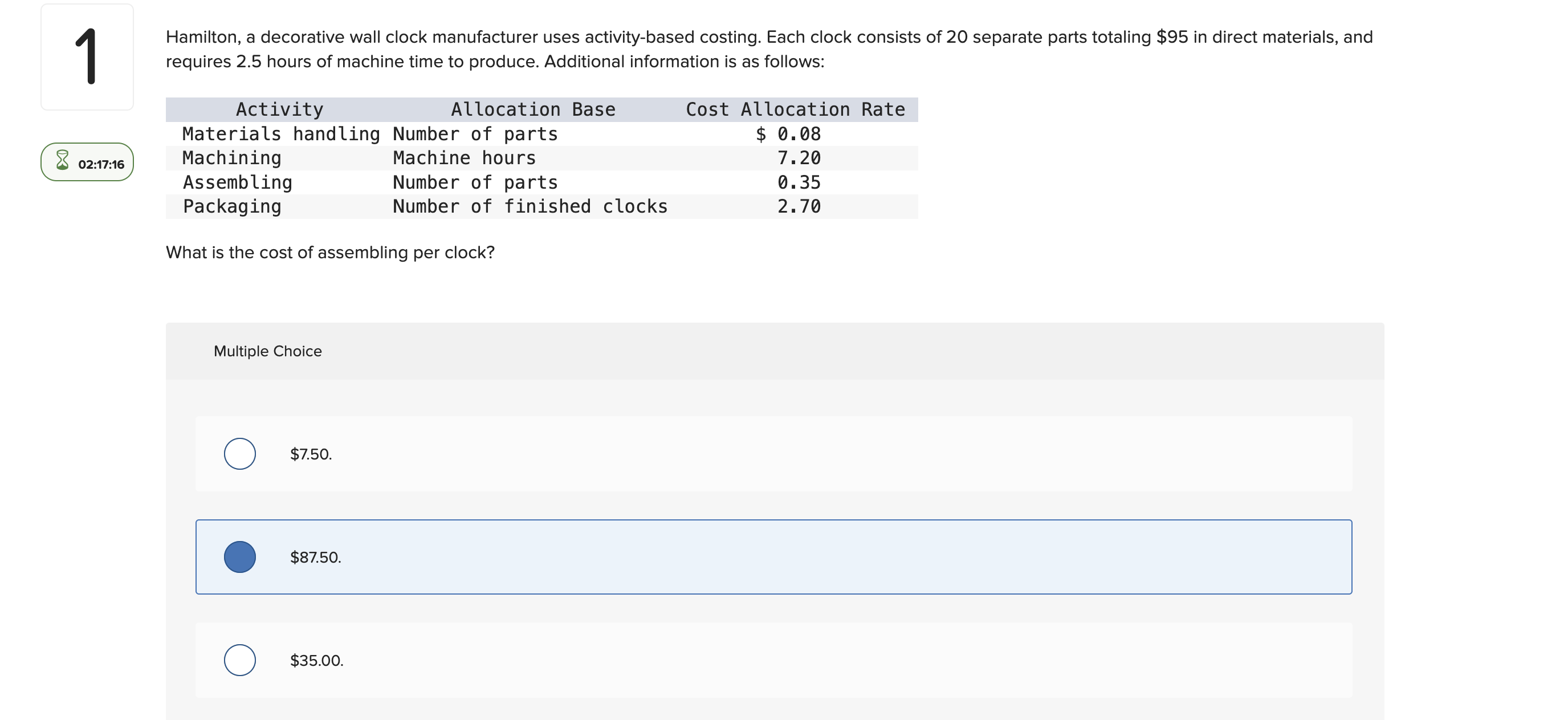  Hamilton, a decorative wall clock manufacturer uses activity-based costing. Each clock