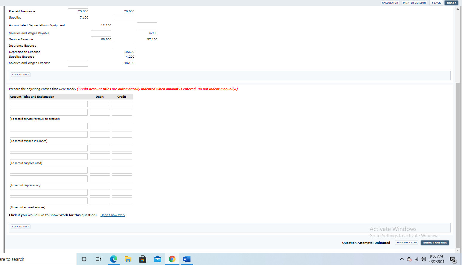 below. Trial Balance Debit Credit ? 25,800 7,100 12,100 Adjusted Trial Balance