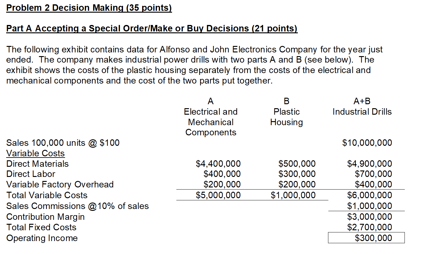  Problem 2 Decision Making (35 points) Part A Accepting a Special