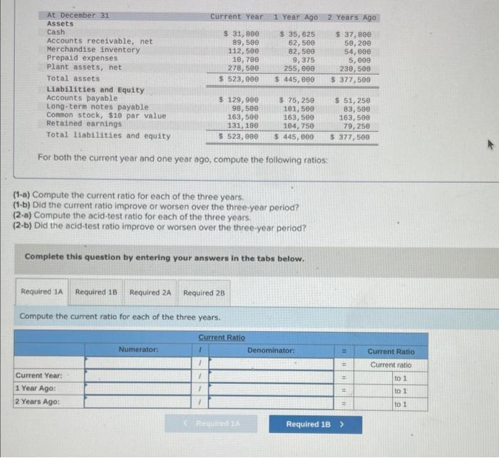  For both the current year and one year ago, compute the