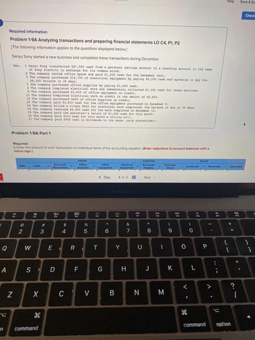  Help Saye Check Required information Problem 1-9A Analyzing transactions and preparing