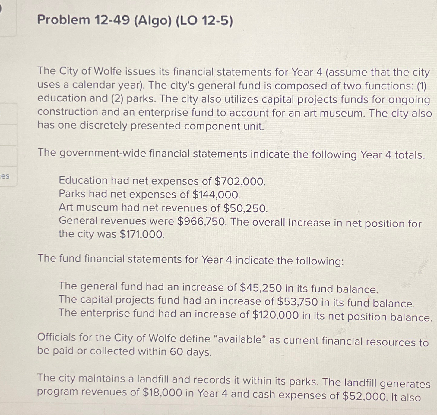  Problem 12-49(Algo)(LO 12-5) The City of Wolfe issues its financial statements