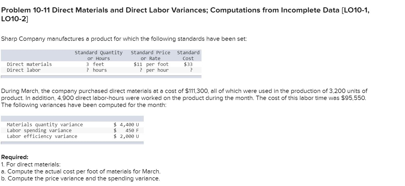Problem 10-11 Direct Materials and Direct Labor Variances; Computations from Incomplete