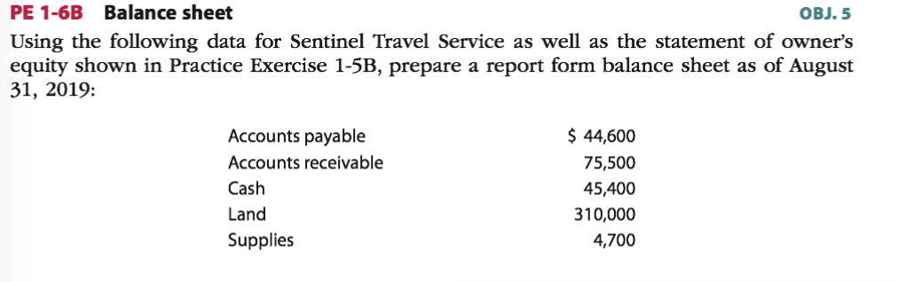  PE 1-6B Balance sheet OBJ. 5 Using the following data for