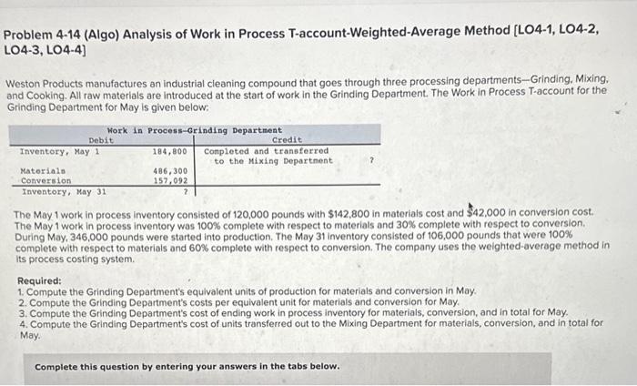  Problem 4-14 (Algo) Analysis of Work in Process T-account-Weighted-Average Method [LO4-1,