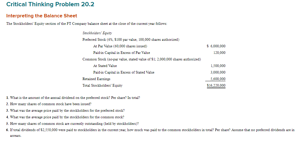 Critical Thinking Problem 20.2 Interpreting the Balance Sheet The Stockholders' Equity