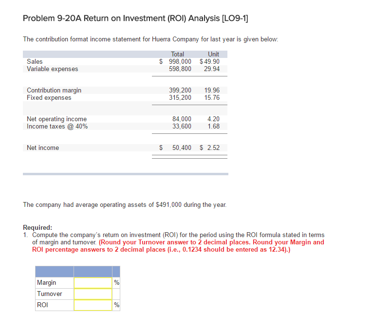  Problem 9-20A Return on Investment (ROI) Analysis LO9-1J The contribution format