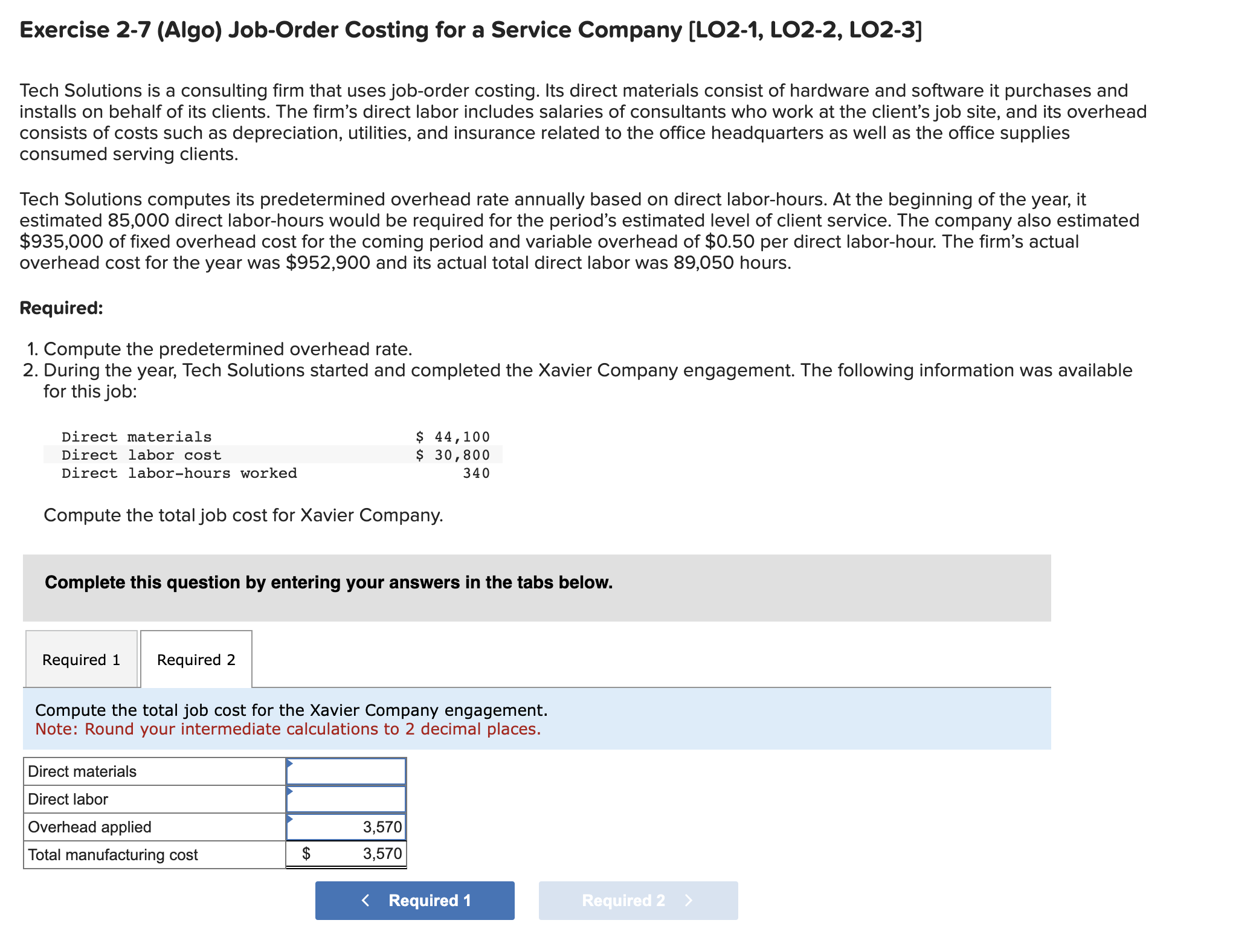  Exercise 2-7(Algo) Job-Order Costing for a Service Company [LO2-1, LO2-2, LO2-3]