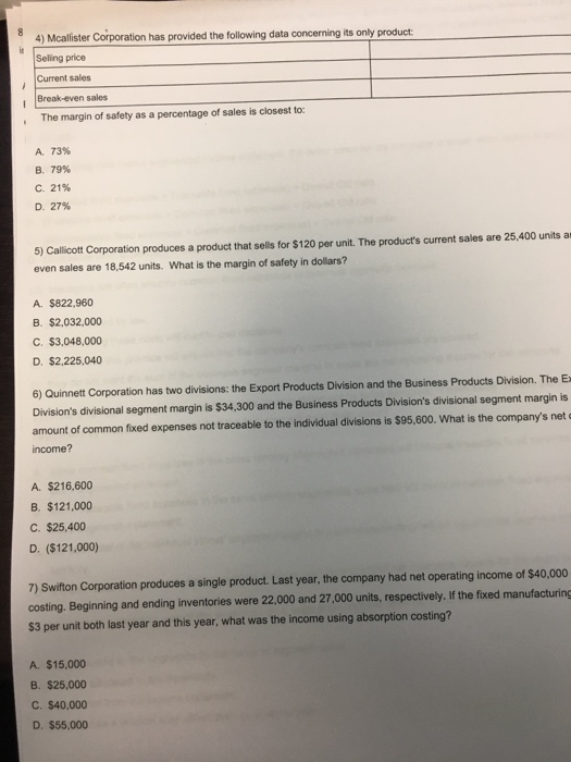 2111 1) upchurch Corporation produces and sells a single product. Data concerning