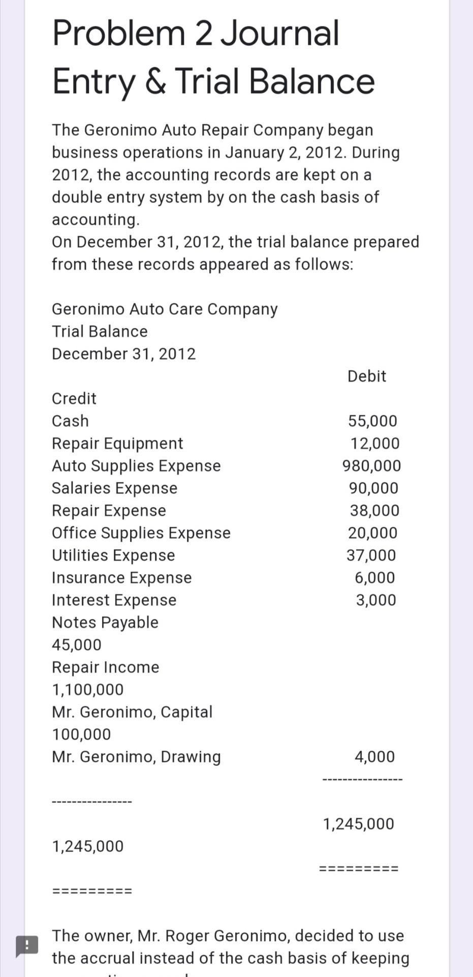 Problem 2 Journal Entry & Trial Balance The Geronimo Auto Repair