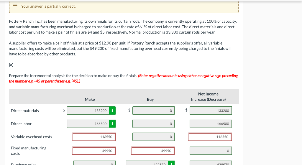  Your answer is partially correct. Pottery Ranch Inc. has been manufacturing