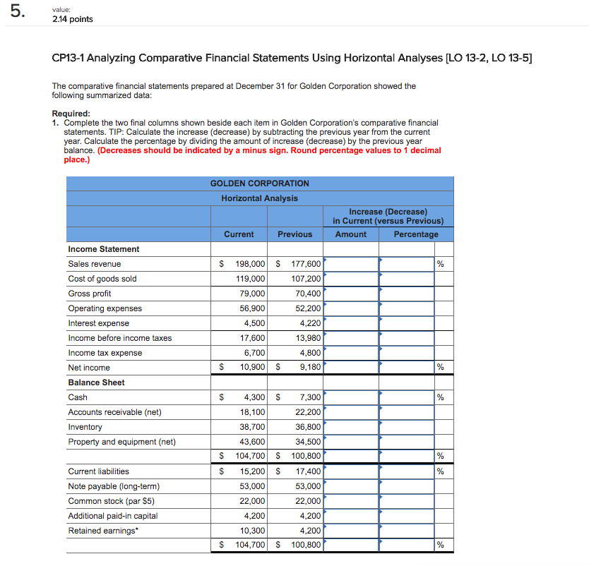  5 value: 2.14 points CP13-1 Analyzing Comparative Financial Statements Using Horizontal