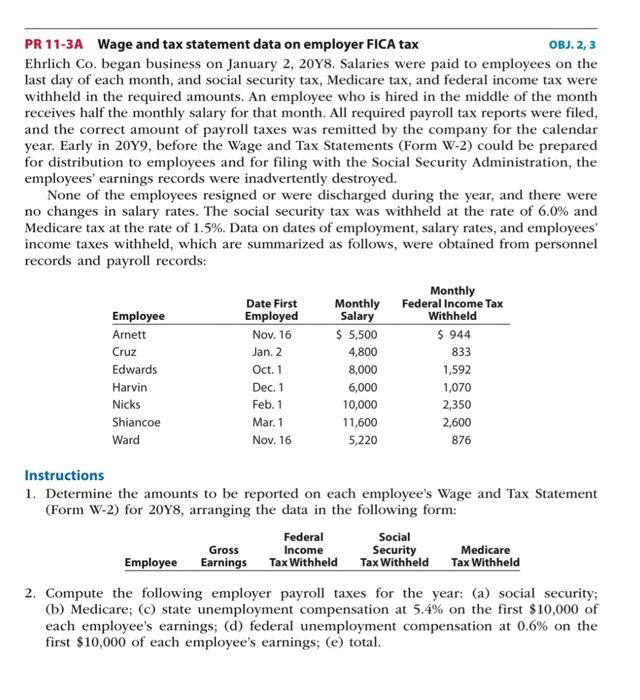  Problem 11-3A. Help pls PR 11-3A Wage and tax statement data