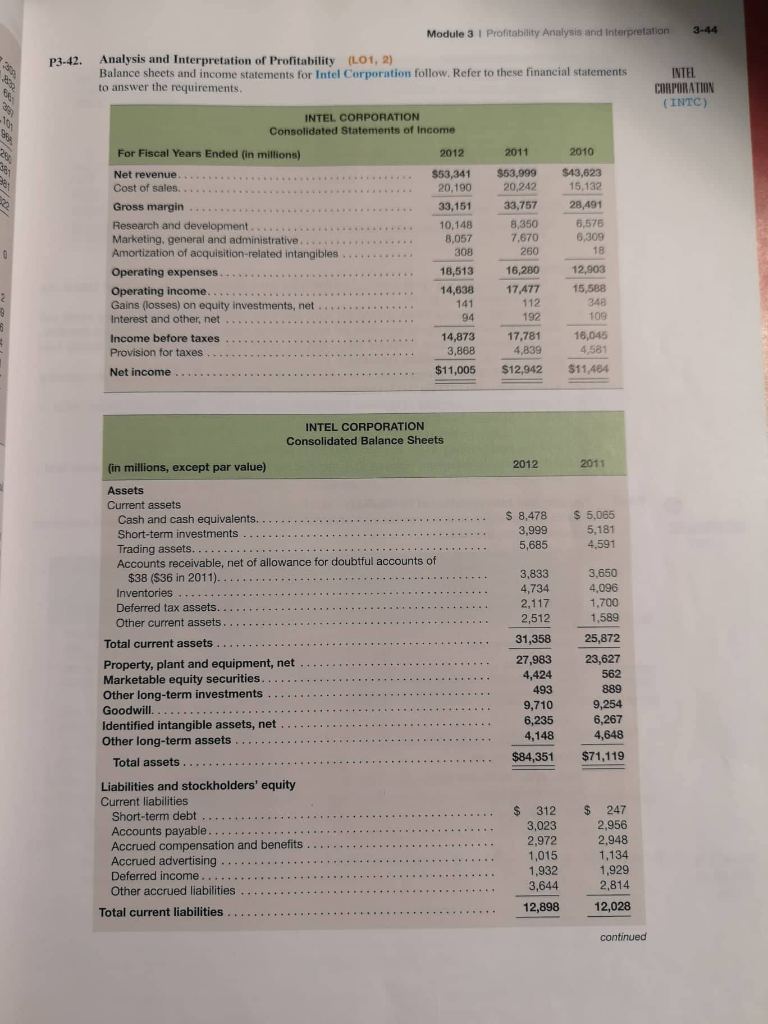 Please help me answer a-f Under Required. Module 3 I Profitability Analysis