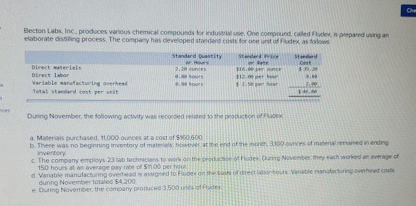  please help me with this question Che Becton Labs, Inc. produces
