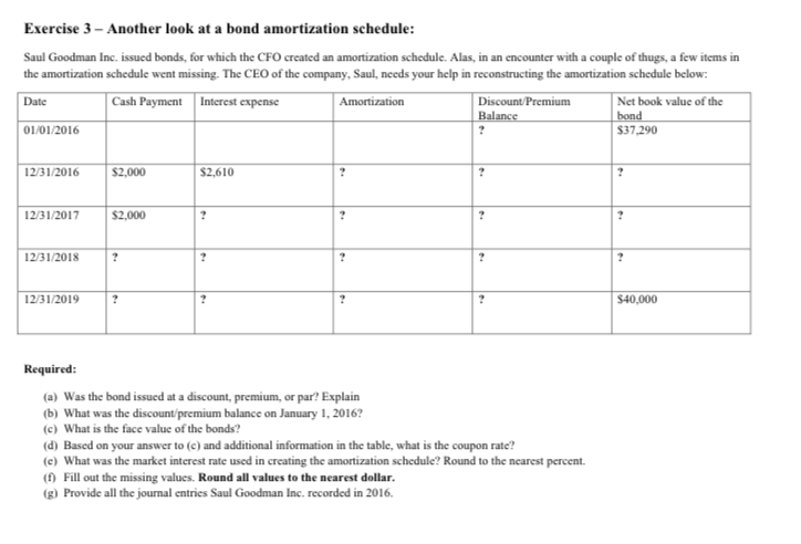  Exercise 3-Another look at a bond amortization schedule: Saul Goodman Inc.