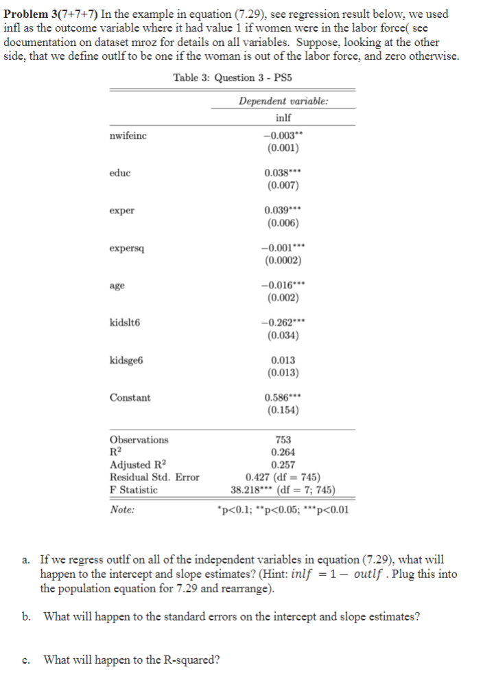  Problem 3(7+7+7) In the example in equation (7.29), see regression result