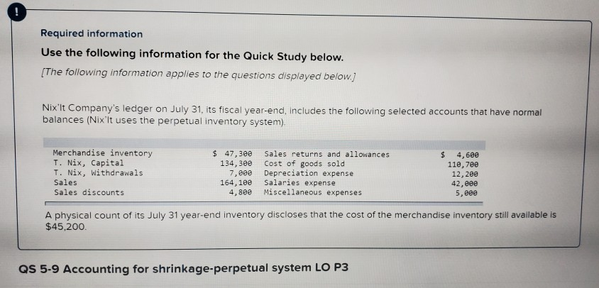 Required information Use the following information for the Quick Study below.
