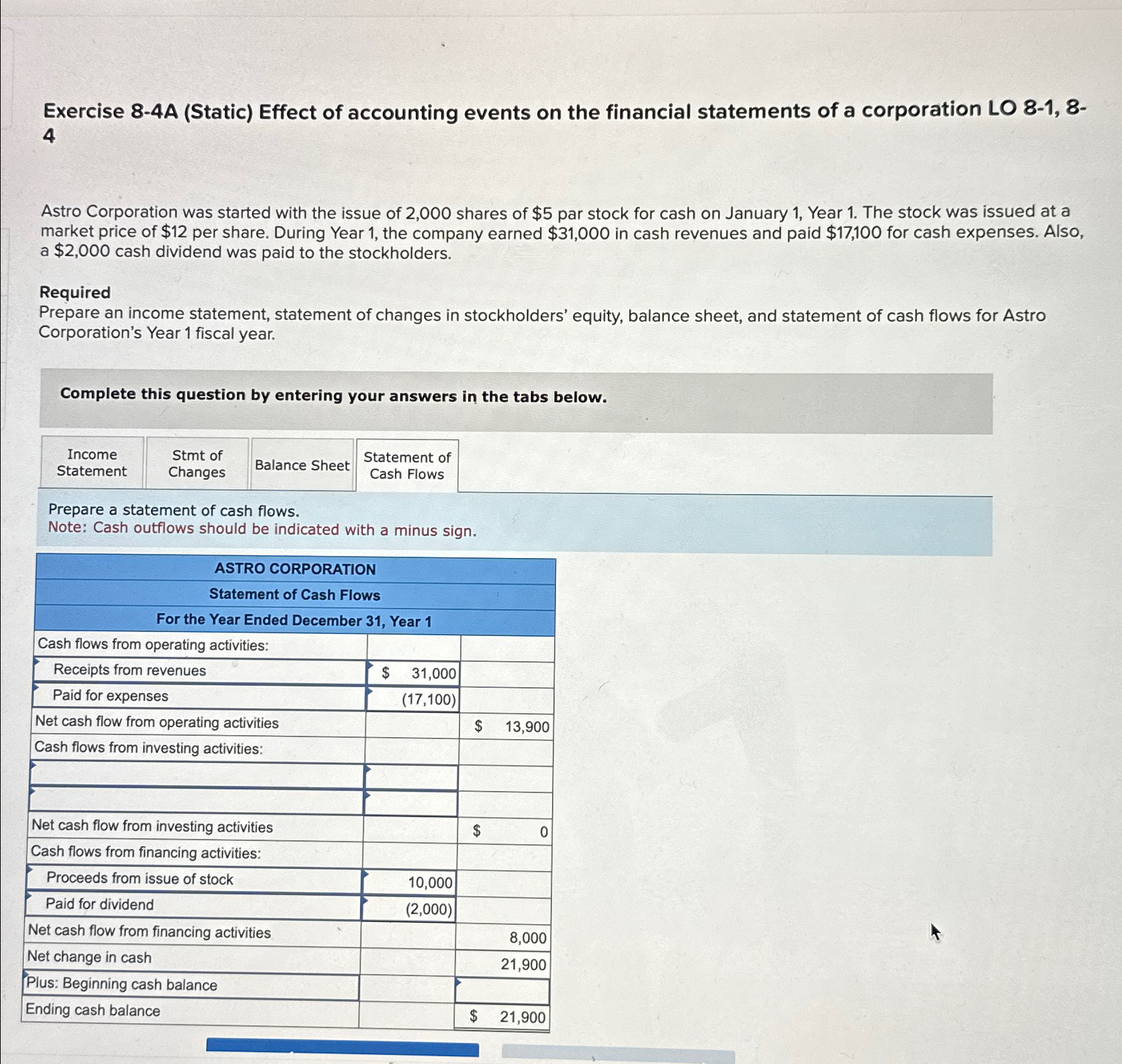  Exercise 8-4A (Static) Effect of accounting events on the financial statements