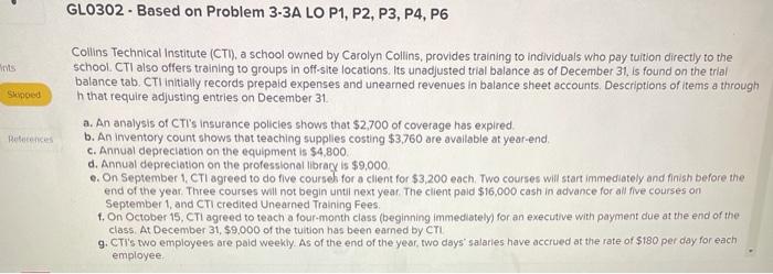 GLO302 - Based on Problem 3-3A LO P1, P2, P3, P4,