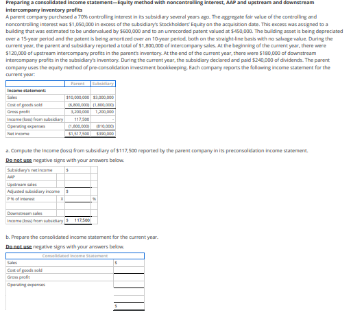 Preparing a consolidated income statement-Equity method with noncontrolling interest, AAP and