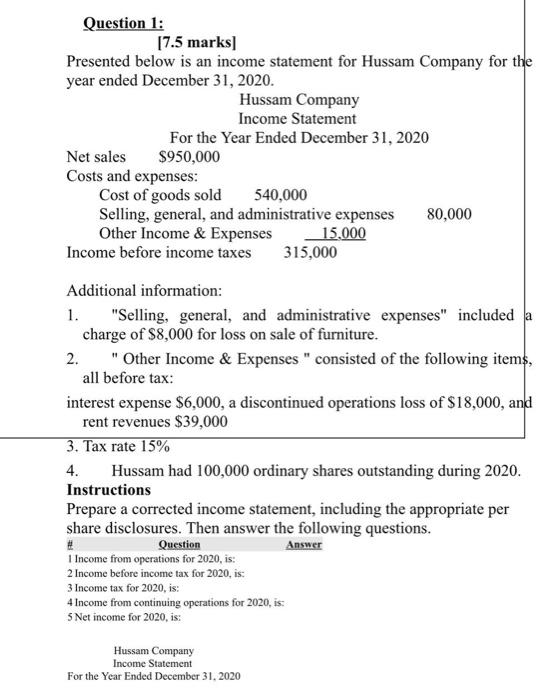  Question 1: 17.5 marks) Presented below is an income statement for